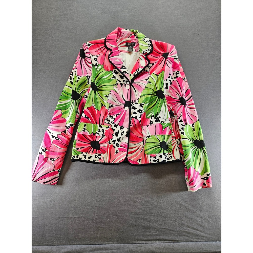 City Silk Stretch Floral Blazer Pink Green Daisy Leopard Print Jacket Size 6